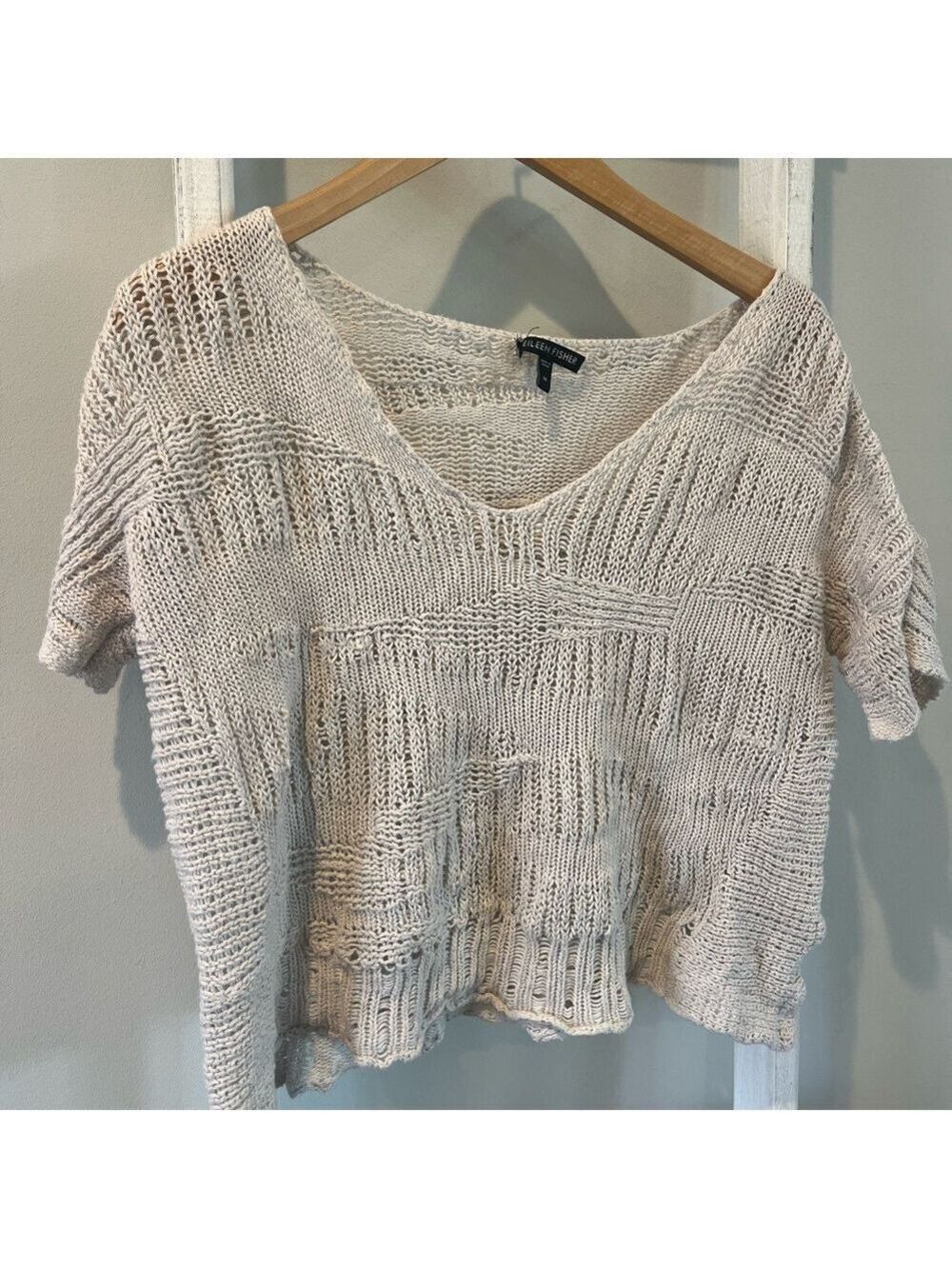 Eileen fisher cream organic cotton open weave Vneck lightweight sweater medium - Picture 1 of 7